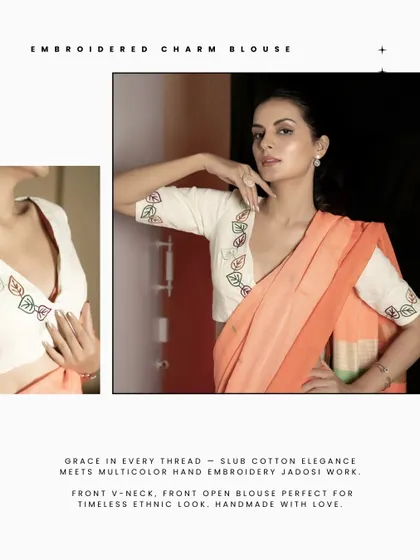 Grace in every thread. This slub cotton V-neck blouse features multi-color hand-embroidered Jadosi work in a leaf pattern, creating a timeless ethnic look that is handmade with love.