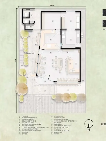 The detailed ground floor plan for the coffee shop. This blueprint illustrates the precise layout of furniture, the espresso bar, the kitchen, and the flow of movement, which is the technical foundation of the final design.