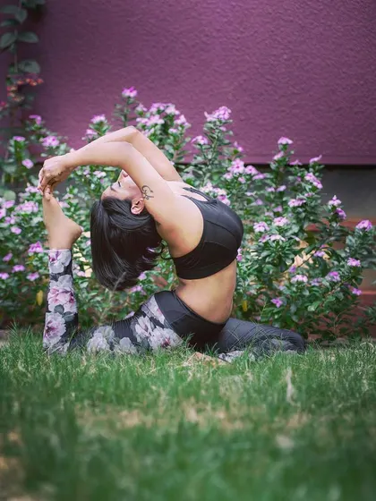 Eka Pada Rajakapotasana, or One-Legged King Pigeon Pose. This is a deep backbend and hip opener that helps release stored emotions and opens your heart to give and receive love.
