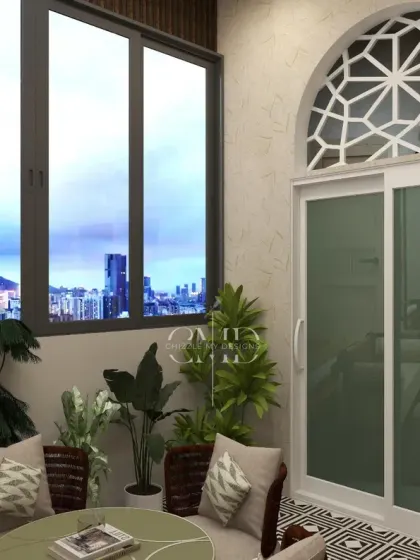 A view of the parents' serene escape, with low-height jute furniture for relaxed lounging and an arched jali door.