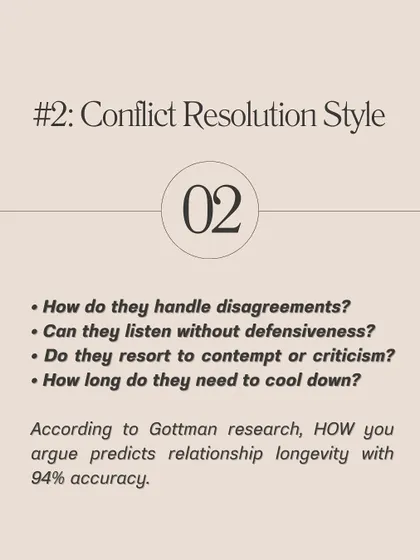 Research shows that how you argue predicts relationship longevity with 94% accuracy. This checklist helps you evaluate your partner's conflict resolution style, from their ability to listen without defensiveness to how they cool down after a fight.