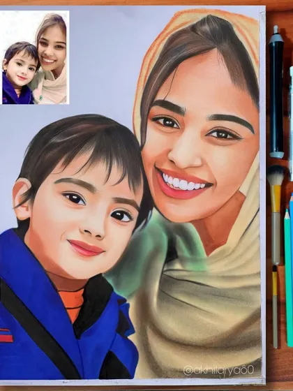 This A4 colored pencil portrait of a mother and her son was created by combining two separate photos. The result is a warm and loving image that looks completely natural.