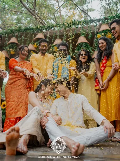 The pure, uninhibited joy of a Haldi ceremony. We love creating vibrant, fun-filled spaces where couples and their families can make memories like this.
