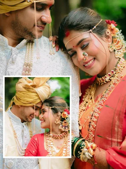 A close-up collage highlighting the bride's serene expression and the couple's loving glances, showcasing intricate wedding jewelry.