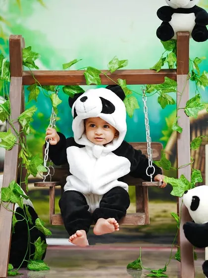 Cuteness overload with our panda theme. A baby in a panda costume sits on a swing, surrounded by his fluffy panda friends.