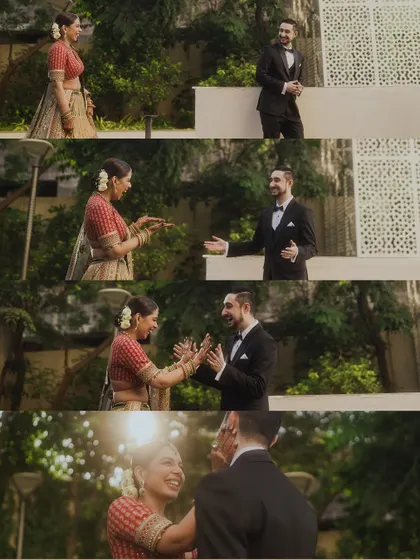 A playful and joyous first look sequence. The bride's animated expressions and the groom's happy reaction are perfectly captured in this four-part story.