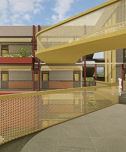 **School Design Proposal, Ahmedabad:** A view from the connecting bridge, which links the two arms of the school. This element provides a unique vantage point and enhances the sense of a connected, dynamic campus.