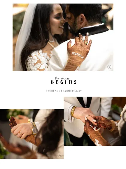 A collage capturing the intimate moments of a Christian wedding, including the exchange of rings and a close-up of the couple's hands.