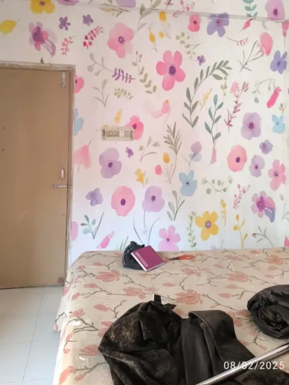 A playful and colorful floral pattern wallpaper. This design covers the walls to create a cheerful and immersive bedroom environment.