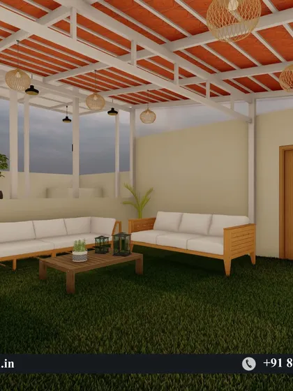 Another render of the rooftop lounge, showcasing the furniture arrangement, lighting, and the warm aesthetic of the tiled ceiling.