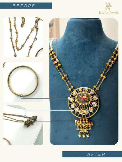 A stunning transformation showing how we combine various unused gold pieces. Old chains, a bangle, and a pendant were carefully crafted into a breathtaking heritage necklace with a painted centerpiece.