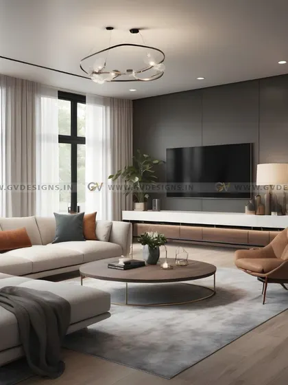 This contemporary living room is a perfect blend of sleek furniture and a sophisticated color palette. The design features a large L-shaped sofa, a minimalist TV unit against a dark feature wall, and innovative lighting to create a comfortable and stylish space.