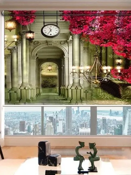 This 3D custom printed blind creates a fantastical illusion of depth, with a classic architectural hallway and vibrant bougainvillea. It’s a creative way to add a dramatic view to any room, regardless of what's outside.