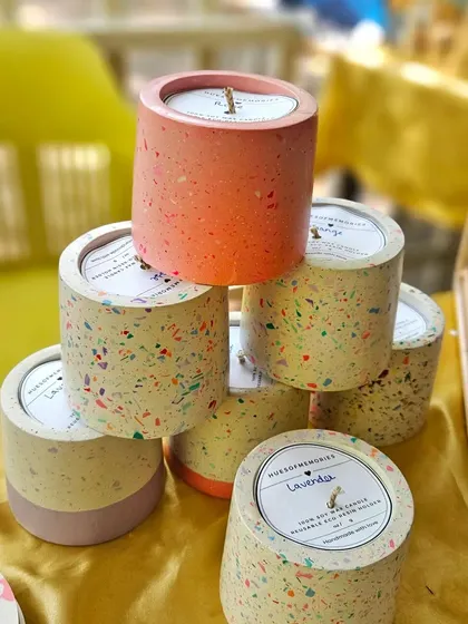 A stack of my terrazzo and color-block cylinder candles. These eco-resin holders are completely reusable and perfect for adding a modern touch to your decor.