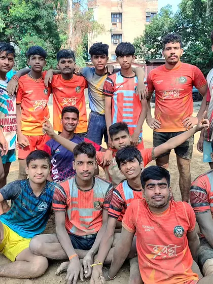 The Delhi Kabaddi Adda team after a muddy practice session. The dirt on their jerseys is a badge of honor.