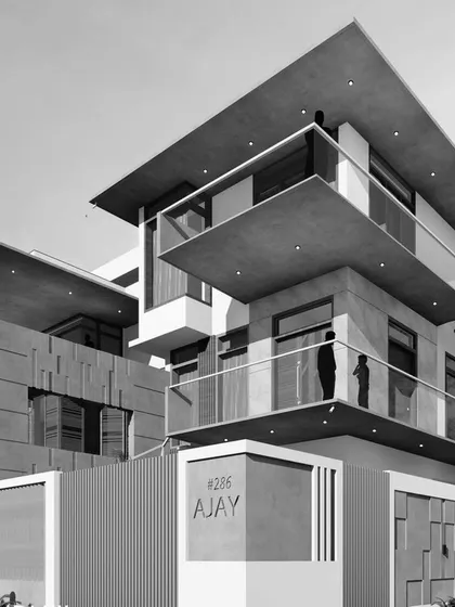 A black and white 3D visualization of the 'Ajay' residence, used to study the building's proportions, balconies, and overall presence.
