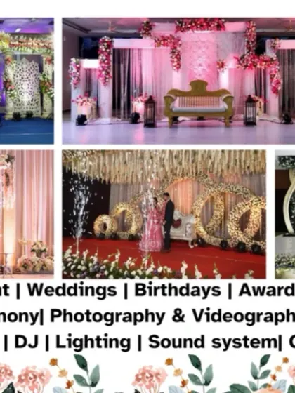 This collage highlights our diverse event capabilities, including weddings, birthdays, award ceremonies, baby showers, and more, along with services like DJ, lighting, and sound systems.