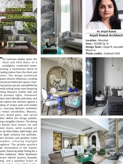I am grateful to Architectural & Builders Magazine for this feature on a luxurious duplex penthouse project. The article highlights the design's harmonious blend of contrasting visions, creating a series of distinct yet cohesive spaces.