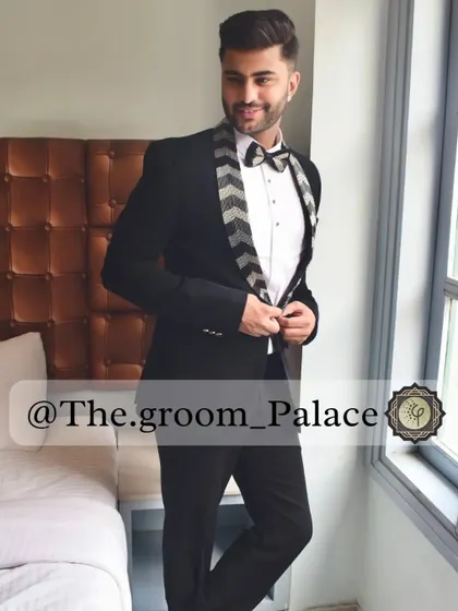A modern take on the classic tuxedo. I designed this piece with a unique chevron-patterned lapel and matching bow tie, offering a touch of personal style to a timeless formal look.