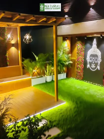 A view of the completed pergola and seating area in Gwal Pahari, featuring decorative panels of both Radha-Krishna and Buddha.