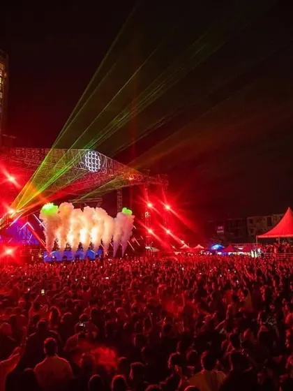 The stage is bathed in red light as CO2 jets and lasers combine for a powerful, multi-sensory experience.