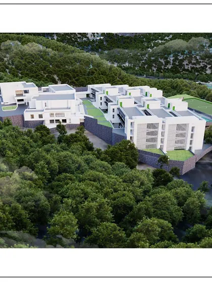 This rendering shows the school in Kangra surrounded by dense forest. Our design prioritizes harmony with the environment, creating an inspiring place for education.