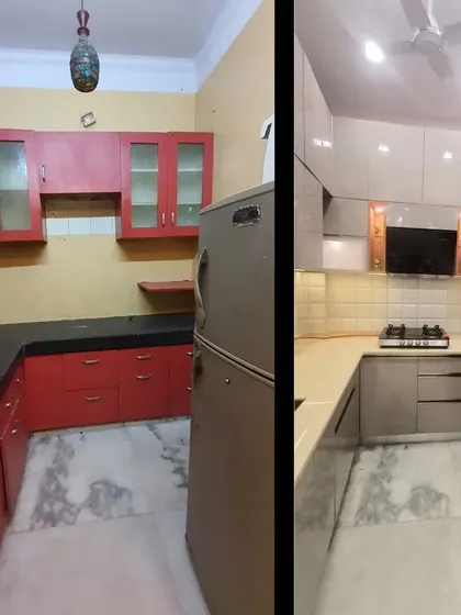 A before and after comparison of a kitchen renovation. We replaced the old red cabinets and black countertop with a modern grey and white theme, making the space feel larger and more contemporary.