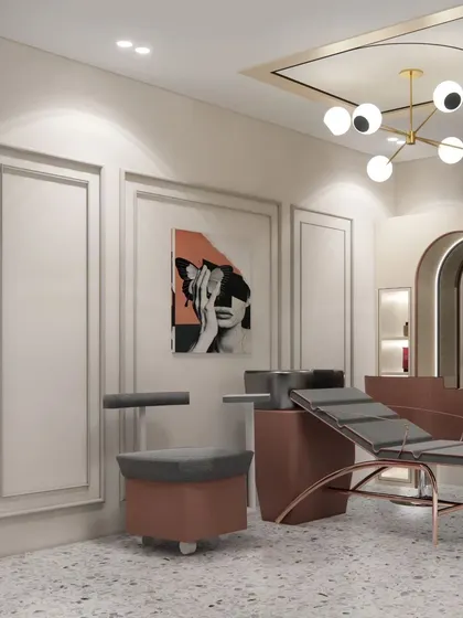 This view highlights the client service area in a modern salon design. The adjustable reclining chair and matching stool are designed for services like facials or lash extensions, ensuring client comfort in a stylish setting.