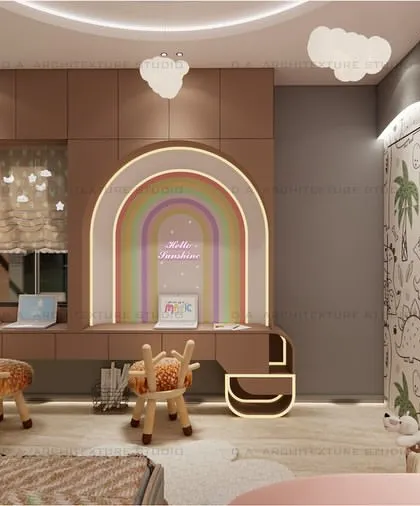 I designed this magical kids' room to be a shared space for a brother and sister. It features a unicorn-themed area and a dinosaur-themed section, brought together by a shared study nook with a glowing rainbow arch, creating a space where both their personalities can shine.