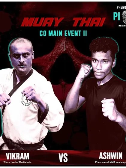 This fight poster announces a Muay Thai bout for our black belt Vikram in the Phenomenal Invitational series. We encourage our students to gain experience across different rule sets and disciplines.