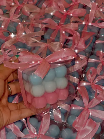 Another look at our pink, white, and blue bubble candles, perfect for a baby shower.