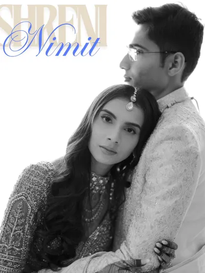 A modern black and white couple portrait with elegant typography, the bride resting her head on the groom's shoulder.
