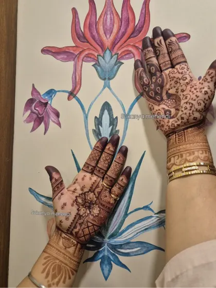 Celebrating Hariyali Teej with this beautiful henna stain. The designs are different on each hand, one with a peacock and the other with a geometric pattern, both showing a lovely dark color.