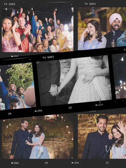 A collage of film-strip style photos capturing the couple's proposal, dance, and candid moments with guests.