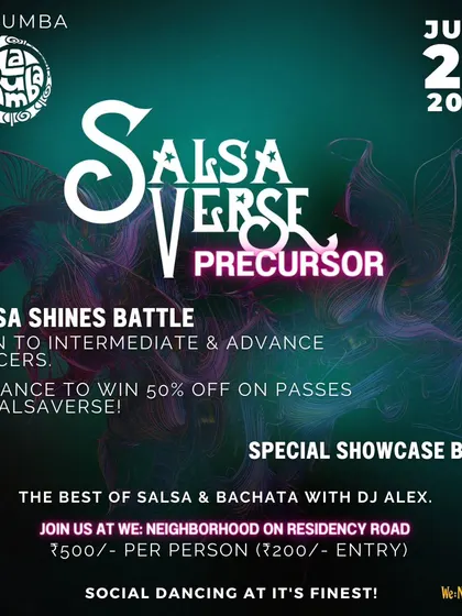Our flyer for the SalsaVerse Precursor event, featuring a shines battle and a showcase by Latin Dance India.