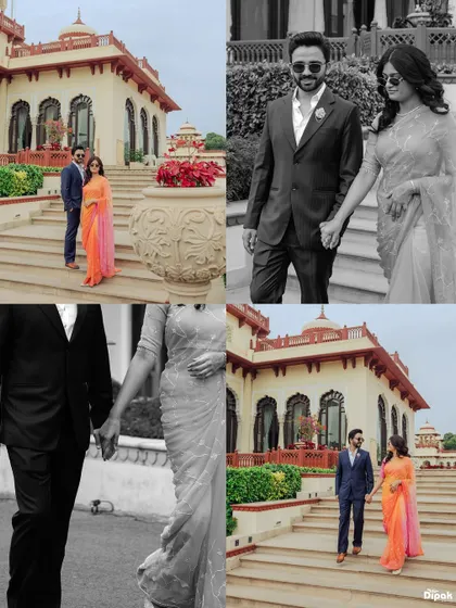 A collage of photos from a shoot at Rambagh Palace, showing the couple in both color and black and white. This captures the timeless romance of a heritage location.