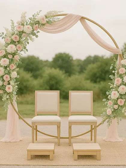 A modern and minimalist mandap design with a circular golden arch. The arch is asymmetrically decorated with beautiful pastel pink roses and greenery, perfect for a chic and contemporary wedding.
