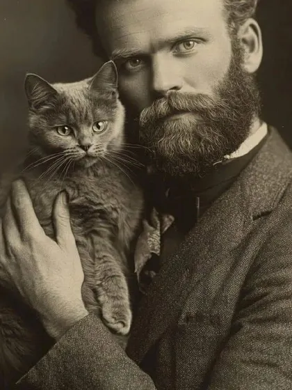 A vintage-style portrait of illustrator Henry Justice Ford and his cat. We are inspired by historical photographs and can create timeless, sepia-toned portraits of you and your pet.