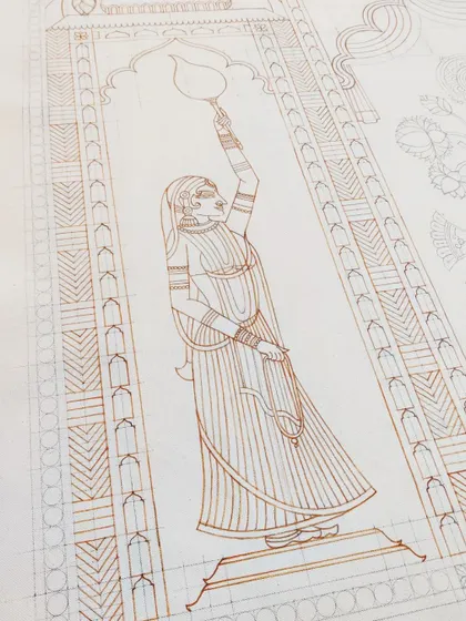 The brown outline of one of the Gopi attendants for the Srinathji painting.