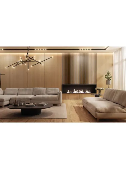 This living room showcases our expertise in creating cozy yet chic environments. We used warm wood paneling, a modern linear fireplace, and a striking geometric chandelier to craft a sophisticated and comfortable space.
