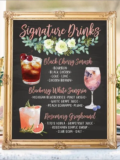 An elegant, framed signature drinks menu for a private event. I work with you to design a menu that not only tastes great but also complements your event's decor and style.