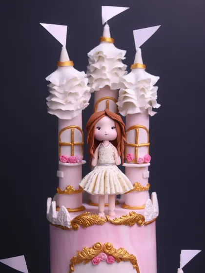 A close-up of the beautiful doll and castle topper for Nayra's first birthday cake, showing the intricate ruffles on the castle towers.