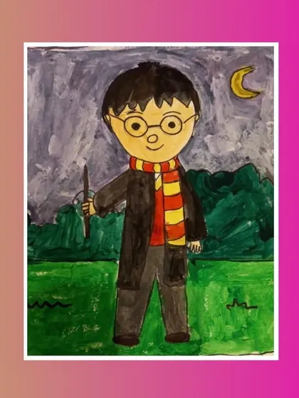 A student's imaginative painting of Harry Potter, complete with his wand and a magical night sky.