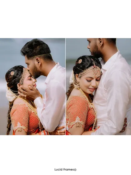 A diptych of tender moments on the beach, a forehead kiss and a gentle embrace.