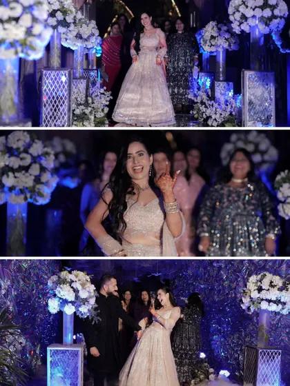 A sequence showing the bride's grand entrance to the Sangeet, her joyful interactions, and her dance with the groom, telling a complete story of her arrival.