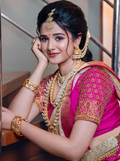 A moment of quiet elegance. This image captures the soft, dewy makeup and the intricate details of the hair and jewellery, creating a picture-perfect bridal portrait.
