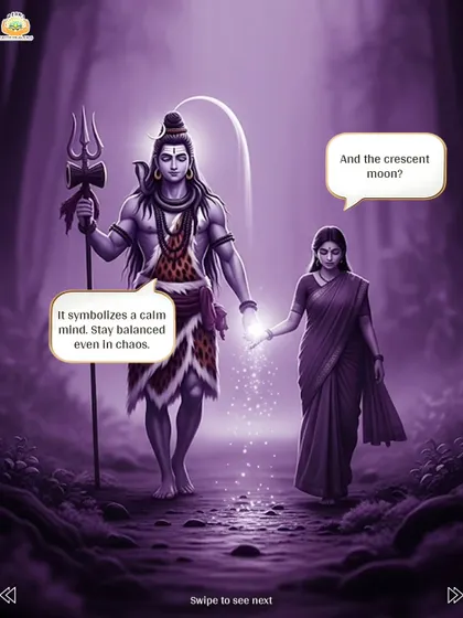 This image from the Shiva symbols series explains that the crescent moon on Shiva's head symbolizes a calm mind, even in chaos.