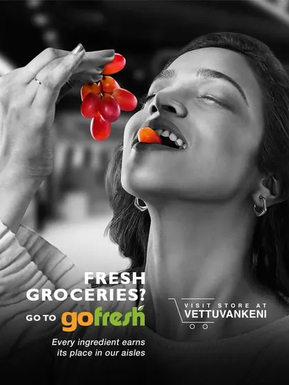 This GoFresh ad includes a tagline about every ingredient earning its place. The visual consistency across the campaign helps to build a strong brand identity.