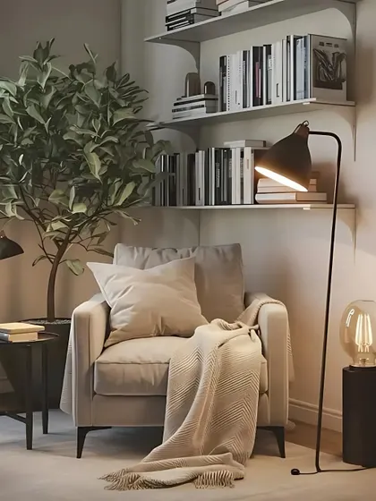 Creating a cozy reading nook is all about comfort and lighting. Here, a plush armchair is paired with a simple floor lamp and floating shelves for books, turning a simple corner into the perfect spot to unwind.