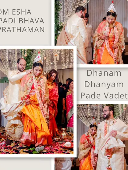 A collage detailing the "saptapadi" (seven steps) ritual in a Bengali wedding, with Sanskrit verses adding a traditional and informative touch.